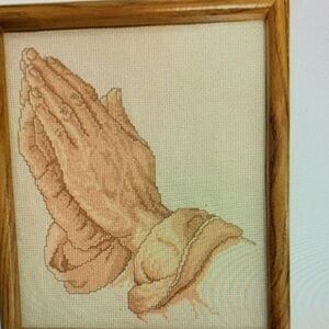 Vintage Framed Cross Stitch Praying Hands Religious Needlepoint Wood Frame Art